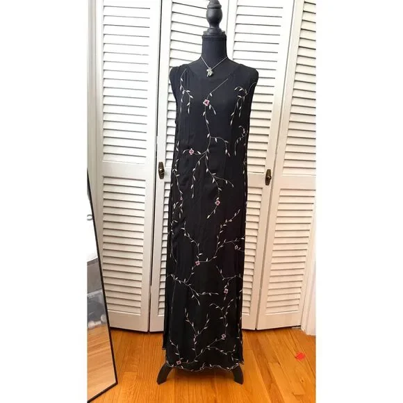 Vtg 90s Whimsigoth Fairy Grunge Black Sleeveless Floral Embroidered Maxi Dress M - Picture 1 of 5
